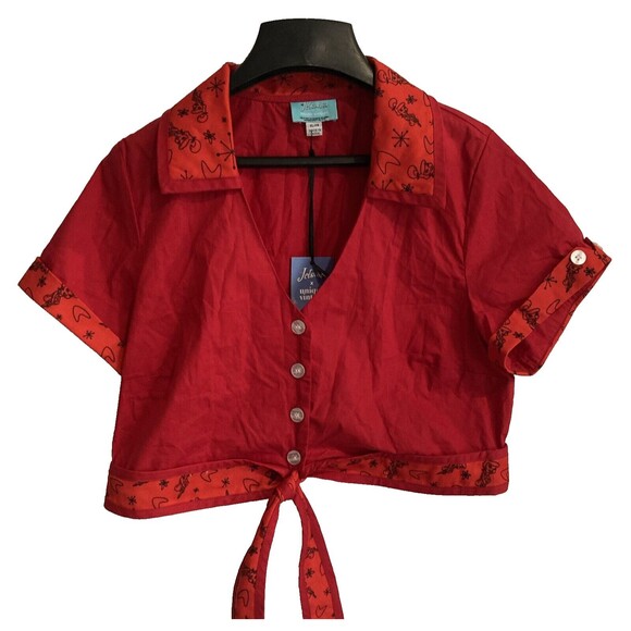 Unique Vintage X Jetson's XL Red Tie Front Crop Top Button Up Collared Shirt NWT - Picture 4 of 16